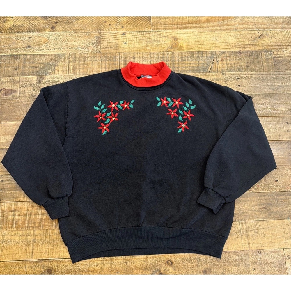 Vintage 90s Jerzees Christmas Poinsettias Embroidered Womens Turtle Neck Size XL